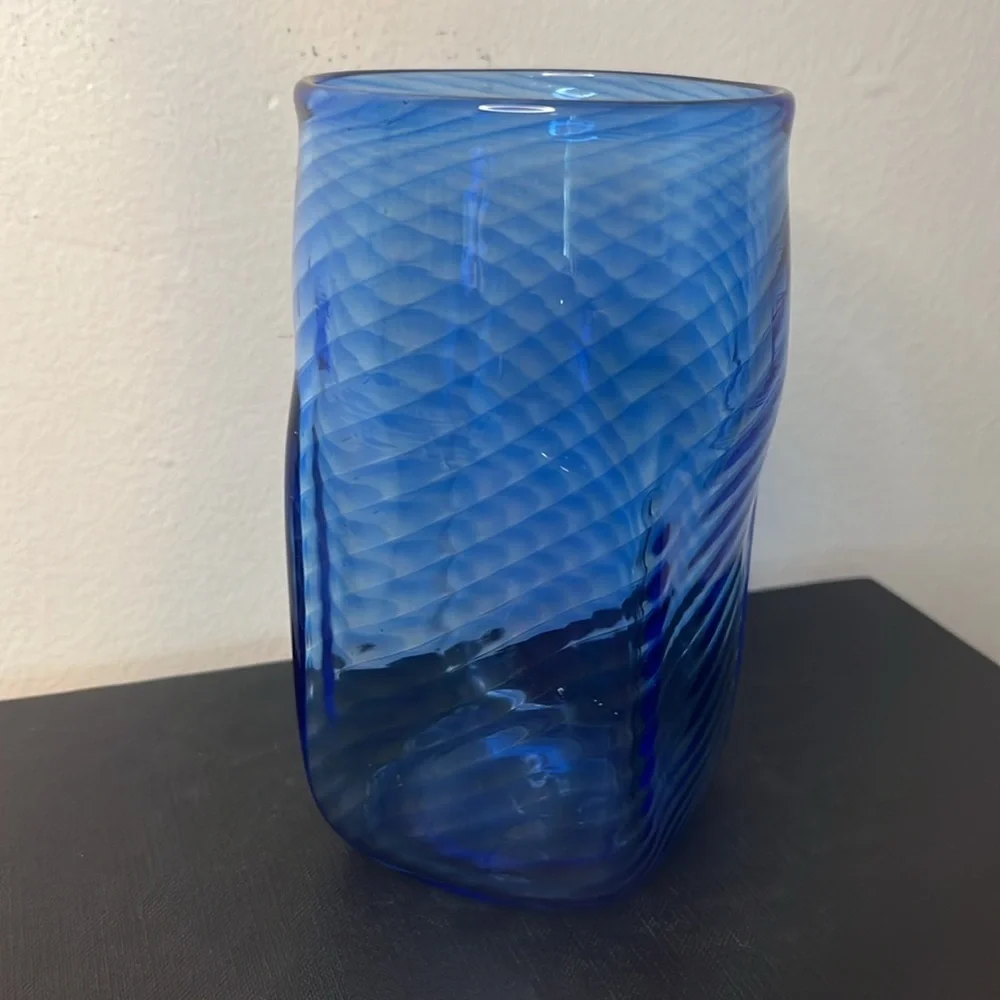 Handmade Blue Optic Squared Glass Tumbler Signed‎ Dated 17